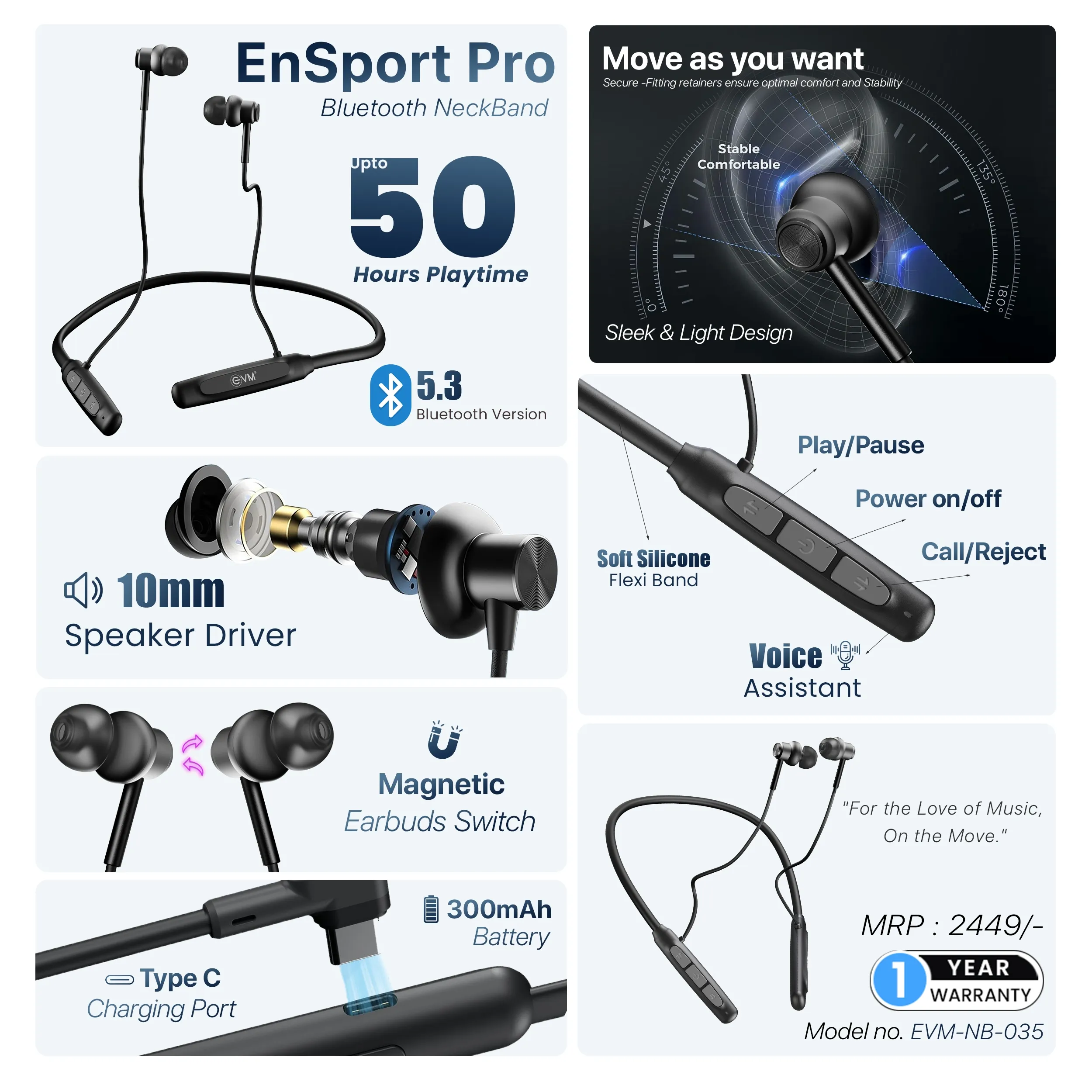 EVM Bluetooth Neckband Earphone EnSport Pro (NB-035) Black view 4